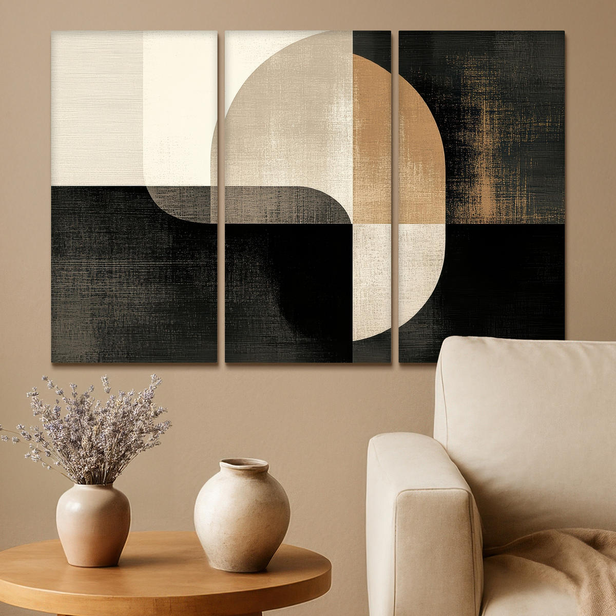 LEINWANDBILD 3er Set Formen - Abstrakt - Gold 90x60 cm - Schwarz, Textil (90/60cm) - MuchoWow