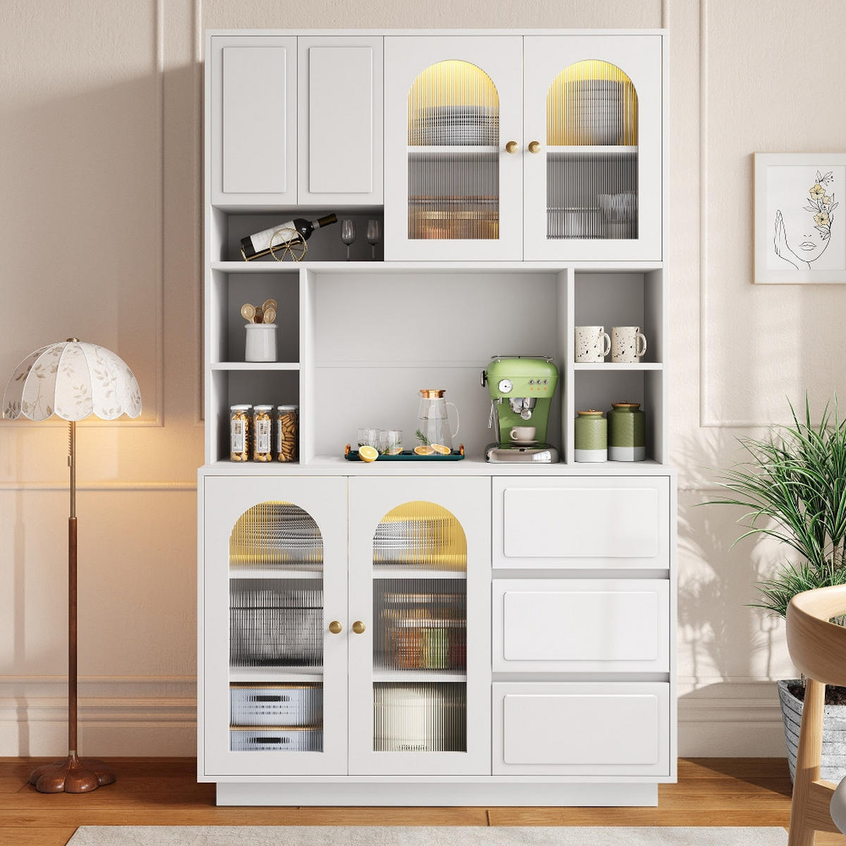 KÜCHENSCHRANK Sideboard, Acryltüren, APP-LED, MDF Weiß, Küche & Wohnzimmer, 106/175/30 cm - Weiß, Kunststoff (30/175/106cm) - Rolipo