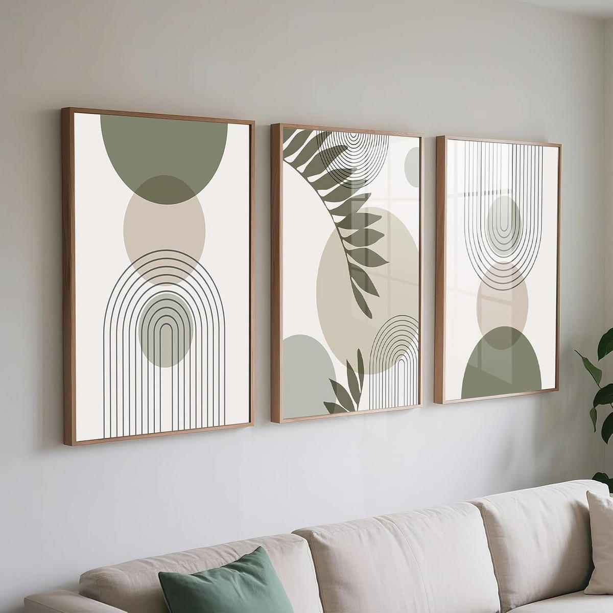 WANDDEKO Boho 60x90cm Grün Pflanzen Abstrakt，rahmenlos，3-teilig Set - Olivgrün, Textil (60/1cm) - Authentics