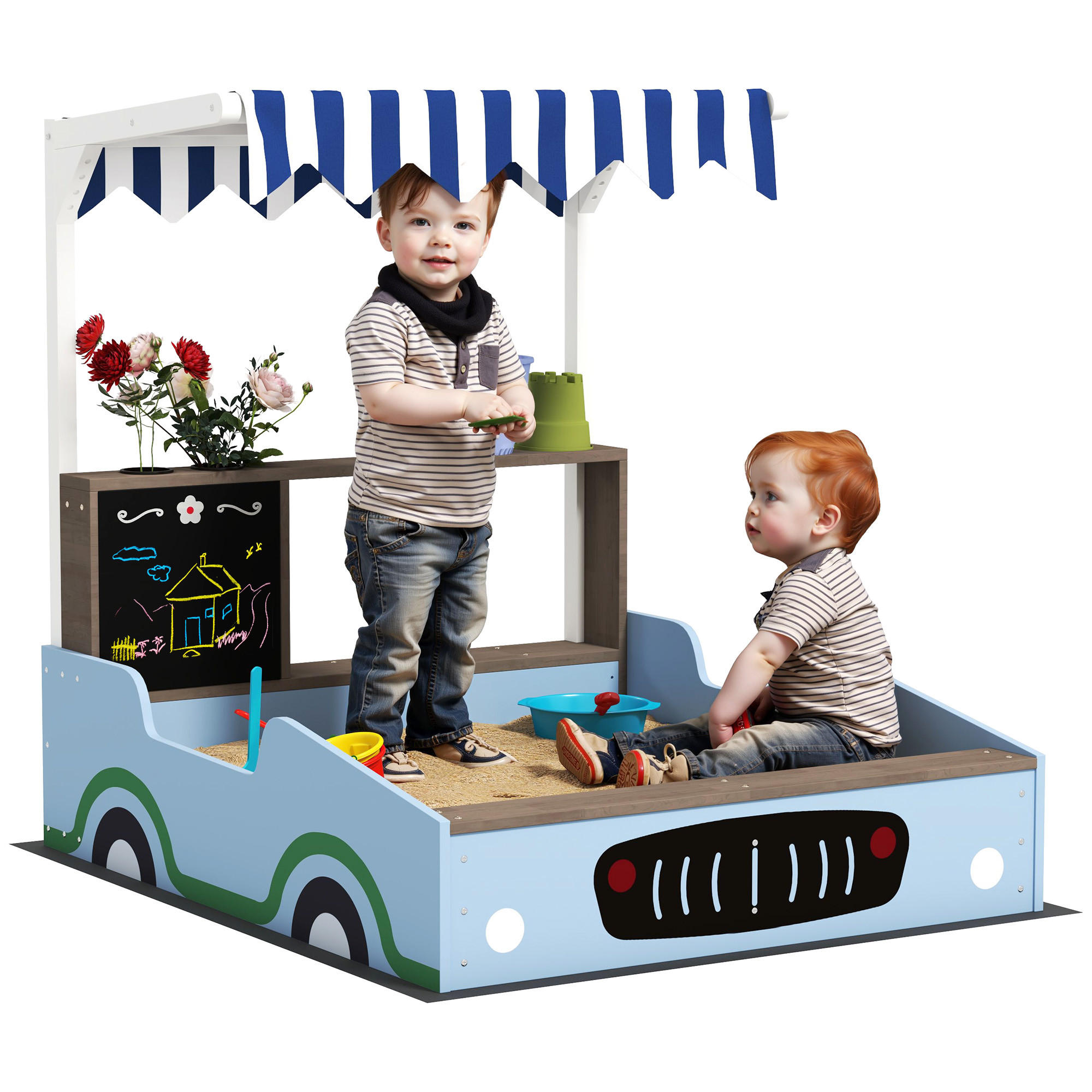 SANDKASTEN mit Dach, 90 x 108 cm Sandkiste aus Holz Sandbox mit Sitzbank Blau - Blau, Holz (108/90/104cm) - AIYAPLAY