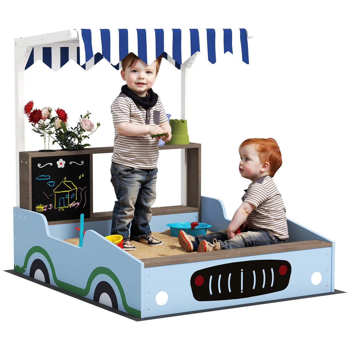 SANDKASTEN mit Dach, 90 x 108 cm Sandkiste aus Holz Sandbox mit Sitzbank Blau - Blau, Holz (108/90/104cm) - AIYAPLAY