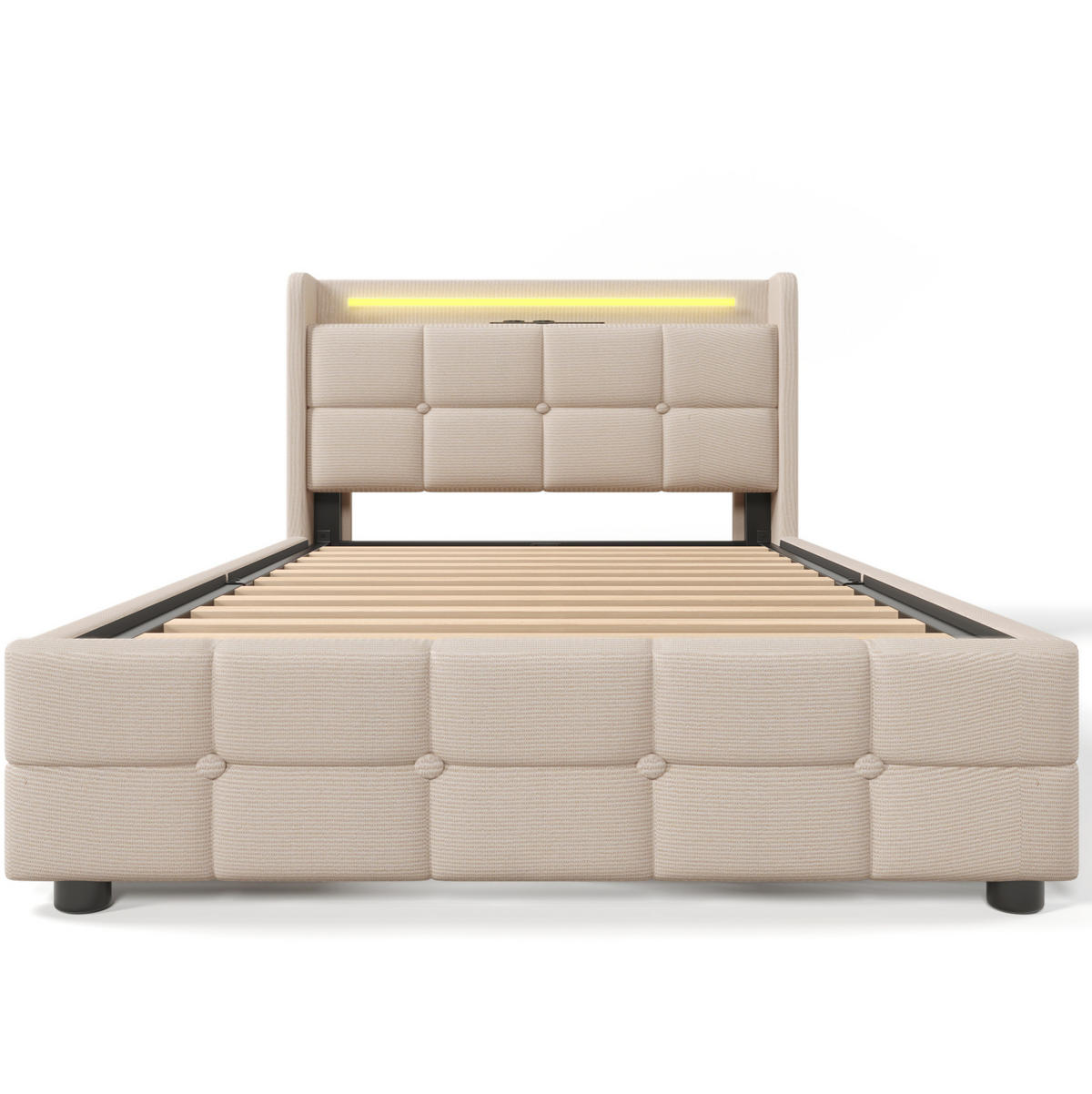 POLSTERBETT 90/200 cm Beige aus Holz mit LED, USB und 2 Schubladen - Beige, Holzwerkstoff (90/200cm) - OKWISH