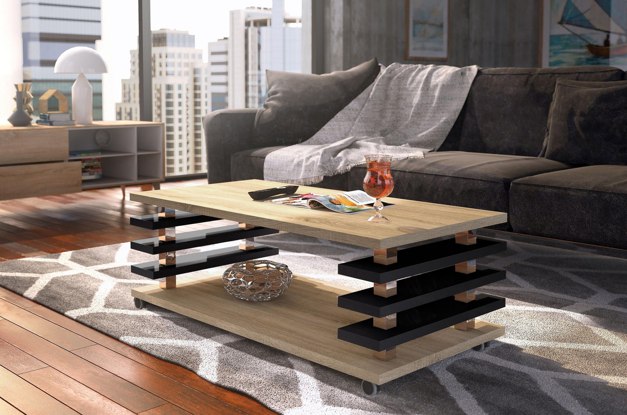 COUCHTISCH rechteckig Sonoma Eiche - Schwarz Hochglanz Ablage Rollen - Schwarz Hochglanz/Sonoma Eiche, Holzwerkstoff (60/120/45cm) - designimpex