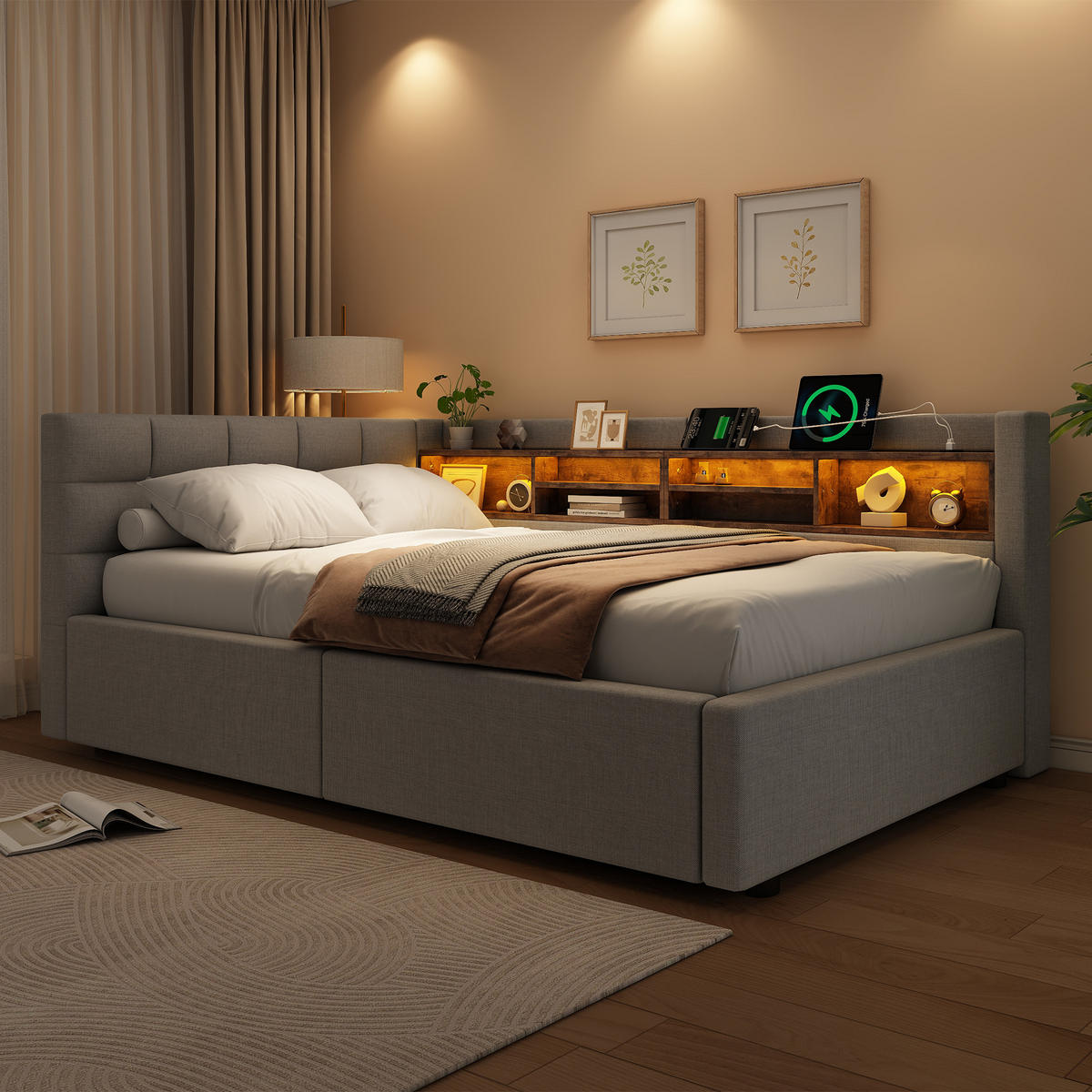 DENNÍ POSTEL 90x200cm Pohovka Úložná LED USB Šedá - šedá, přírodní materiály (90/200cm) - FLIEKS