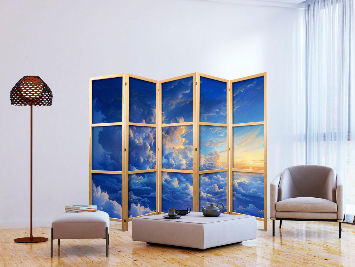 PARAVÁN Japonský 5-dielny 225x172 cm Modré Oblaky - modrá, drevo/textil (225/172/3cm) - Muralo