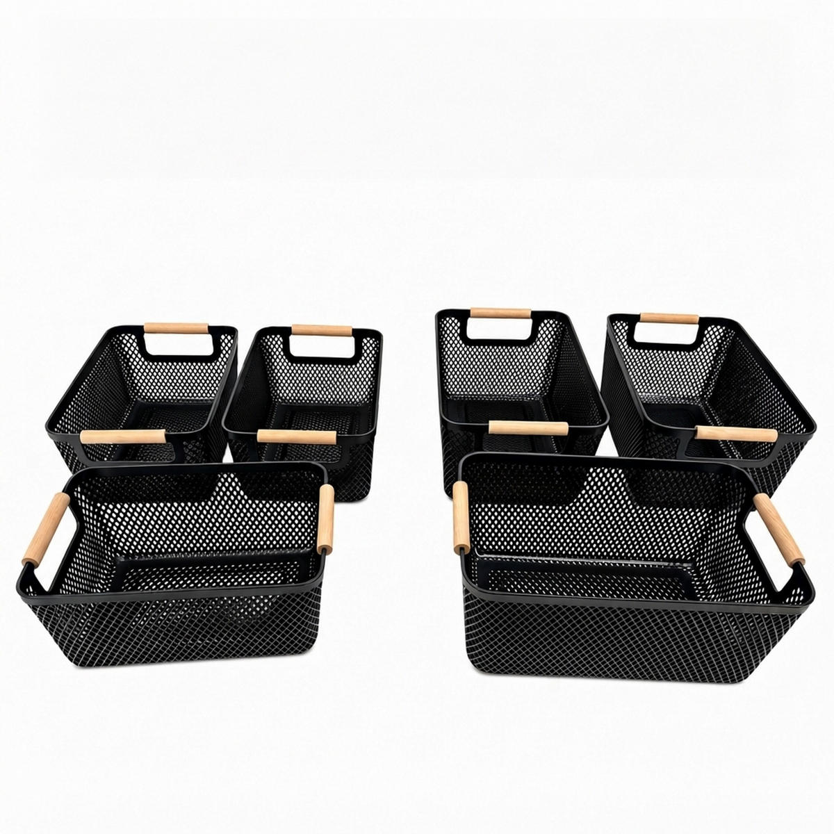 FÖRVARINGSKORG Svart 6-pack plast trähandtag storlek M - Svart, Trä/Plast (19.5/32/16cm) - Relaxdays
