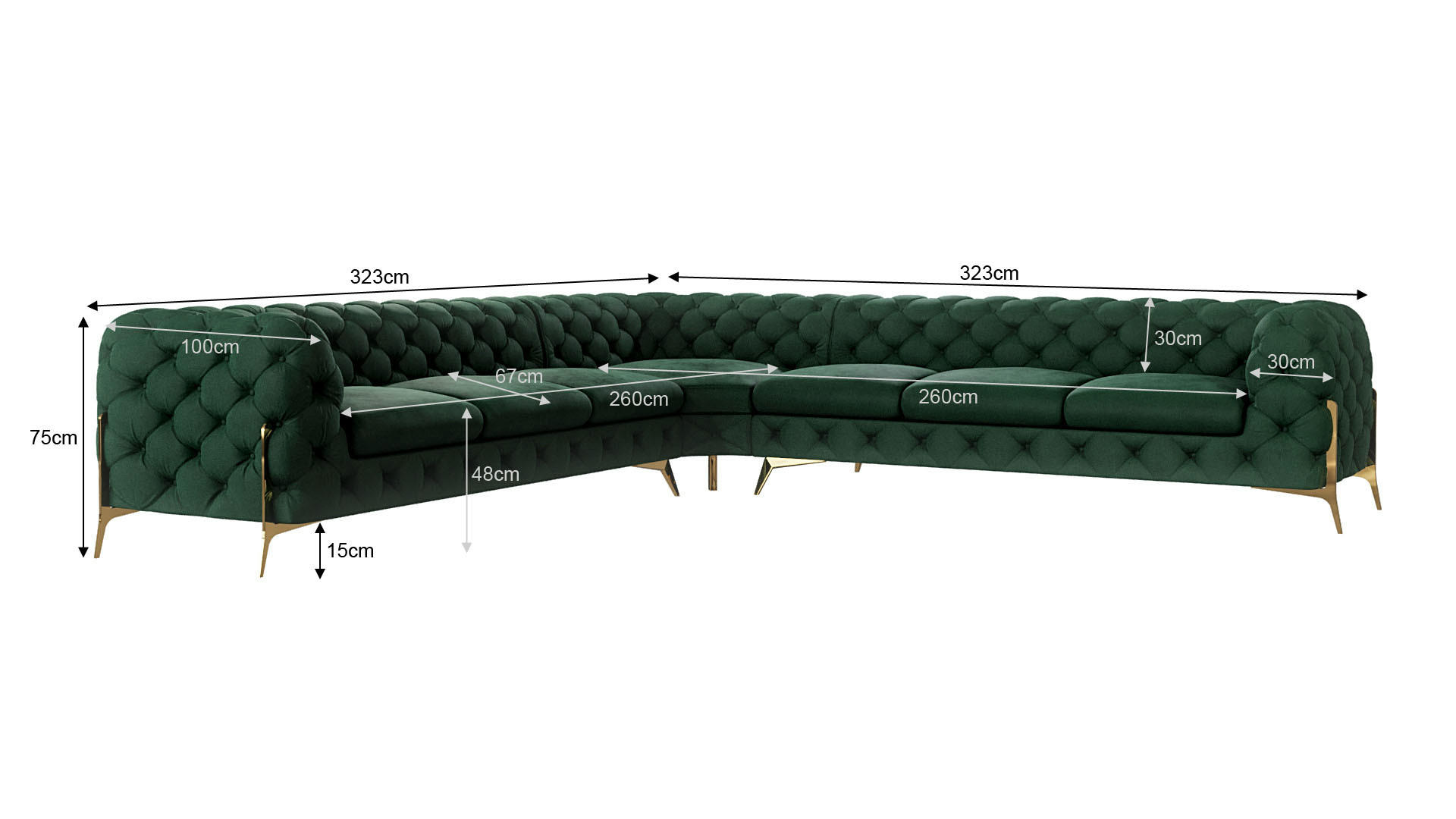 ECKSOFA Chesterfield Lexi Flasche Grün Samt - Smaragdgrün/Goldfarben, Holz/Textil (323/323cm) - S-Style Möbel