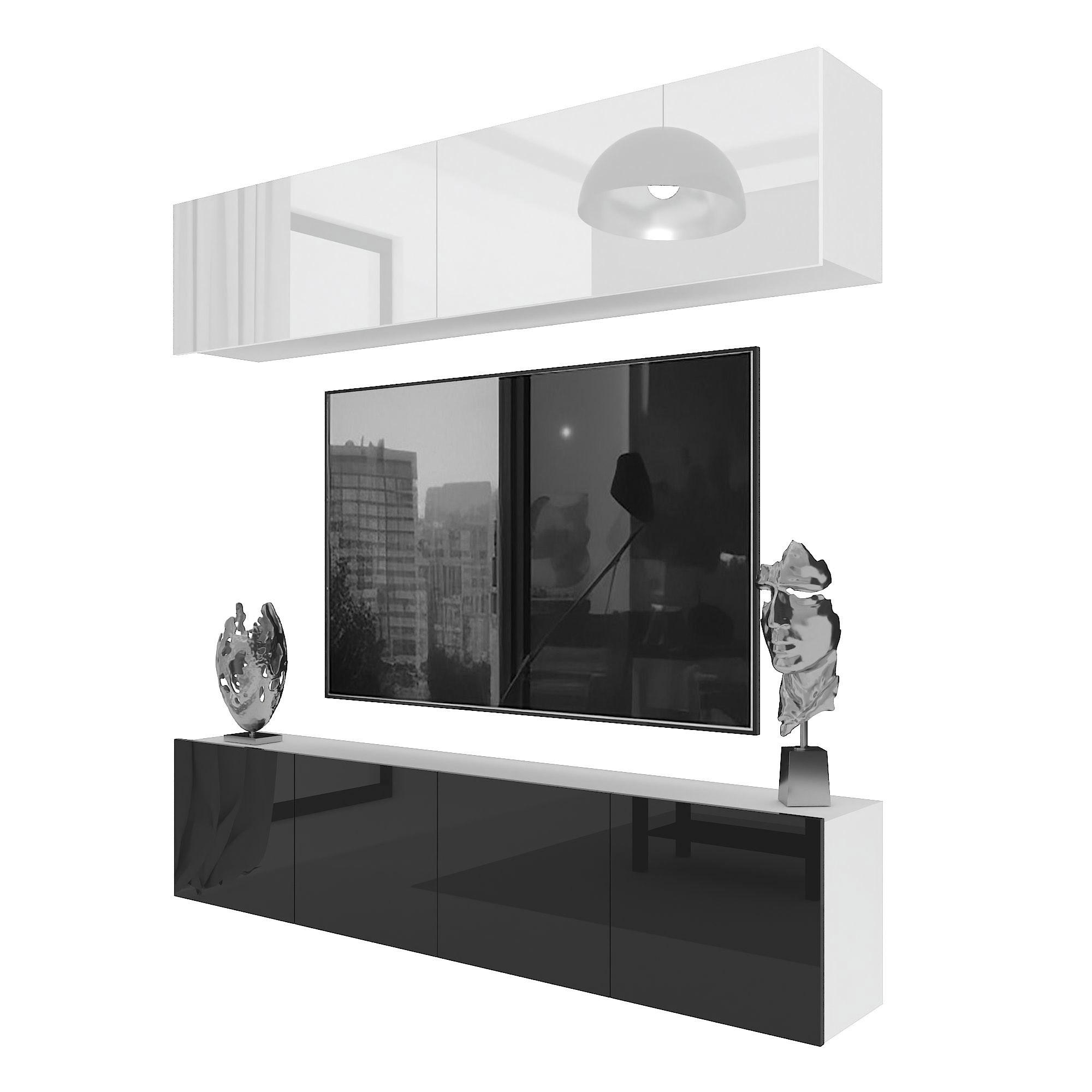 WOHNWAND Milano 6, Weiß/Schwarz Hochglanz, 200 cm, Grifflos - Weiß, Holz (200/40/36cm) - B BELINI GROUP