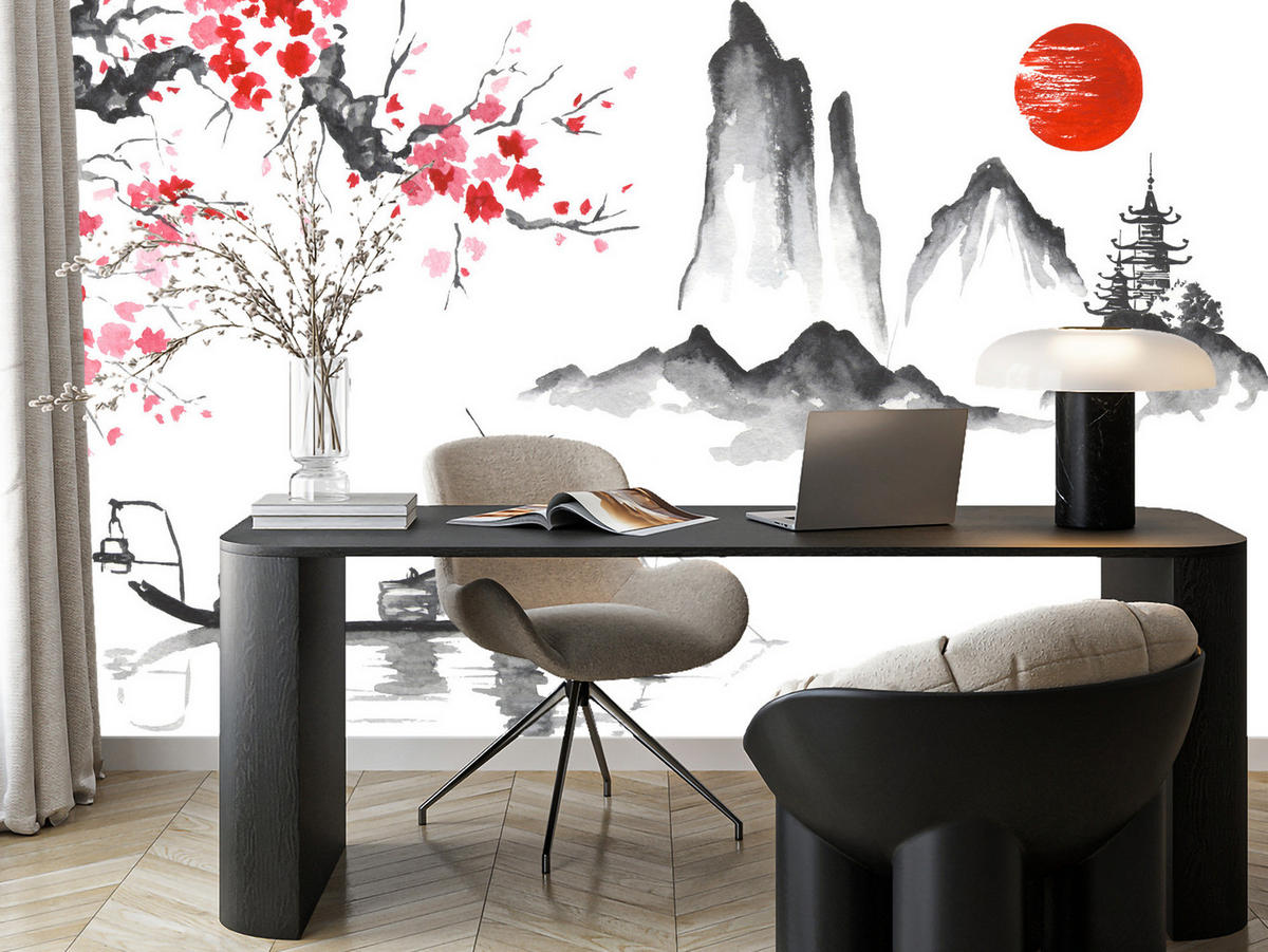 FOTOTAPETE Japanische Landschaft Aquarell 150x105 - Rot/Schwarz, Papier (150/105cm) - Muralo