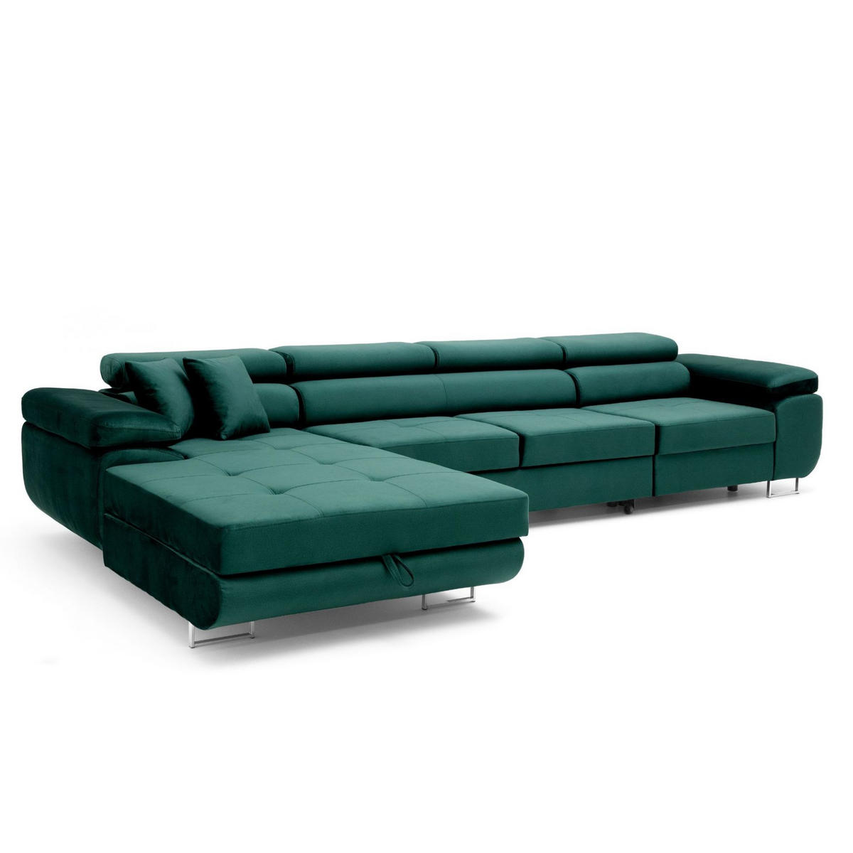 ECKSOFA ALONZO MAXI Links mit Schlaffunktion 125x195 Velours Grün - Silberfarben/Grün, Holz/Textil (350/203cm) - Muffo