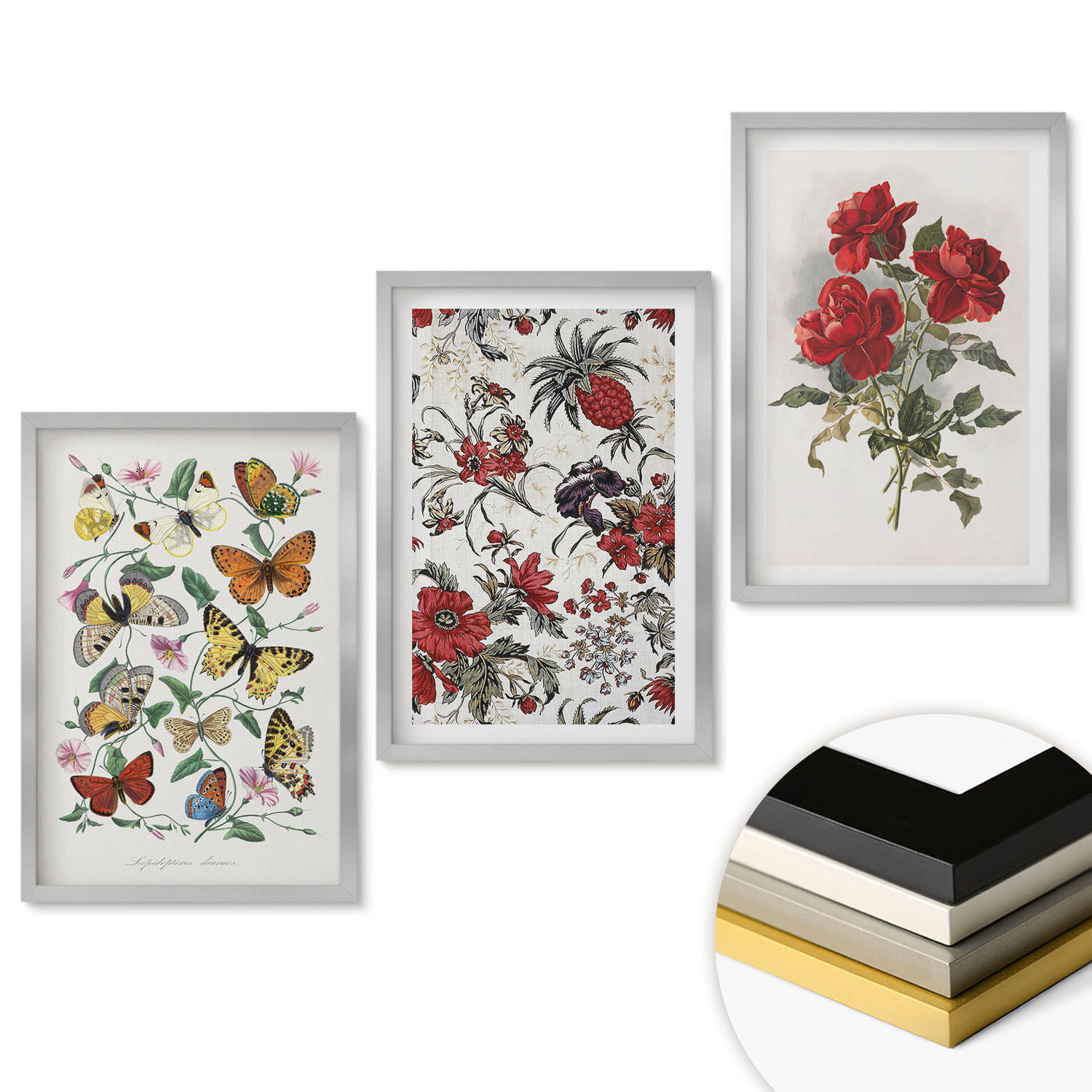 WANDBILDER 3er Set - 40x60 cm Silberner Rahmen - Schmetterlinge, Blumen, rote Rosen - Silberfarben, Kunststoff (40/60cm) - ArtPrintCave