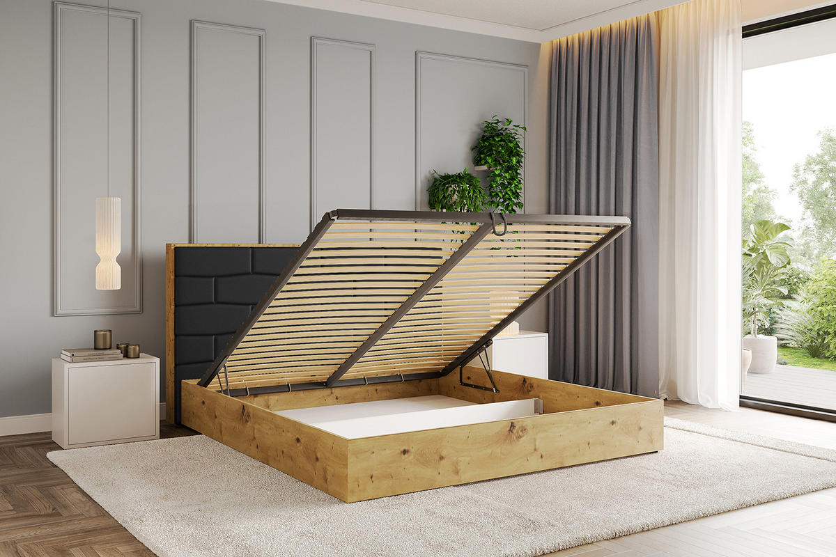 POLSTERBETT mit Bettkasten und Lattenrost, Bett mit Matratze H3/H4 - ENZO8 140x200 Schwarz Kunstleder - Schwarz Hochglanz, Holzwerkstoff/Textil (140/200cm) - ALTDECOR