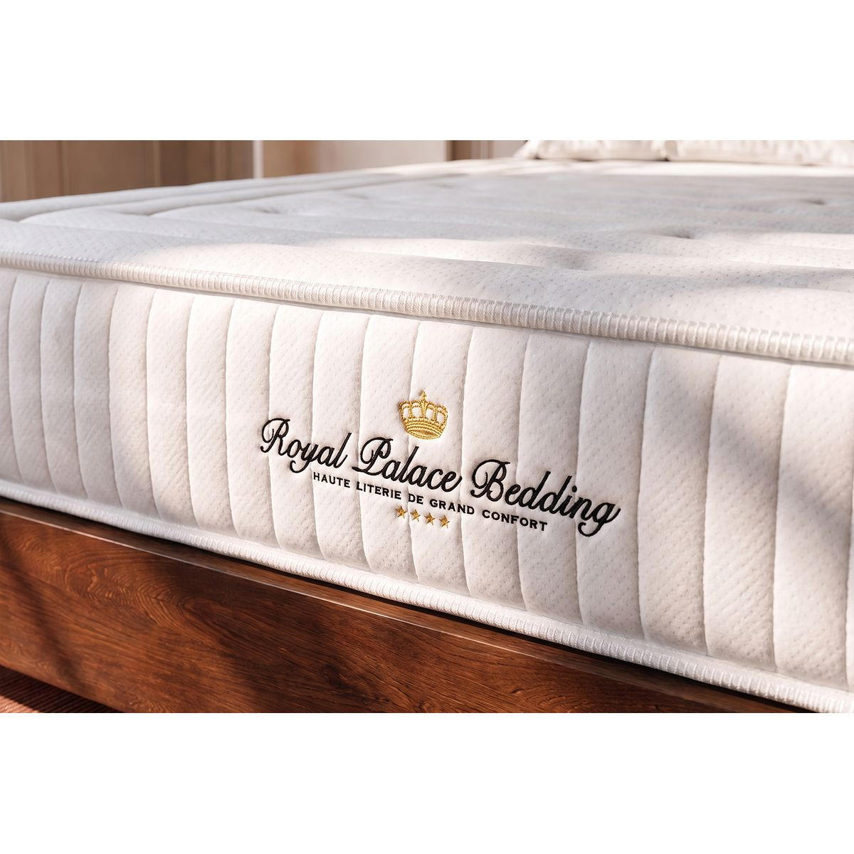 BETT Lancaster Taschenfederkern und Memory-Schaum 140 x 200 cm h3 - Kit Bettgestell Schwarz - Mit Kissen und Bettdecke - Beige/Schwarz, Karton/Holz (140/200cm) - ROYAL PALACE BEDDING