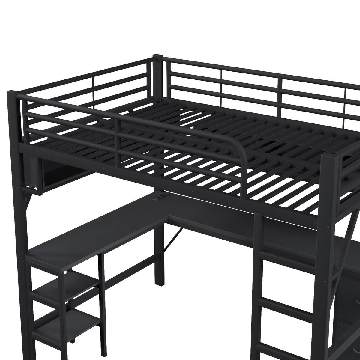 HOCHBETT 140/200 cm Schwarz mit Schreibtisch, Regal und Schubladen - Schwarz, Metall (140/200cm) - MIVRAY