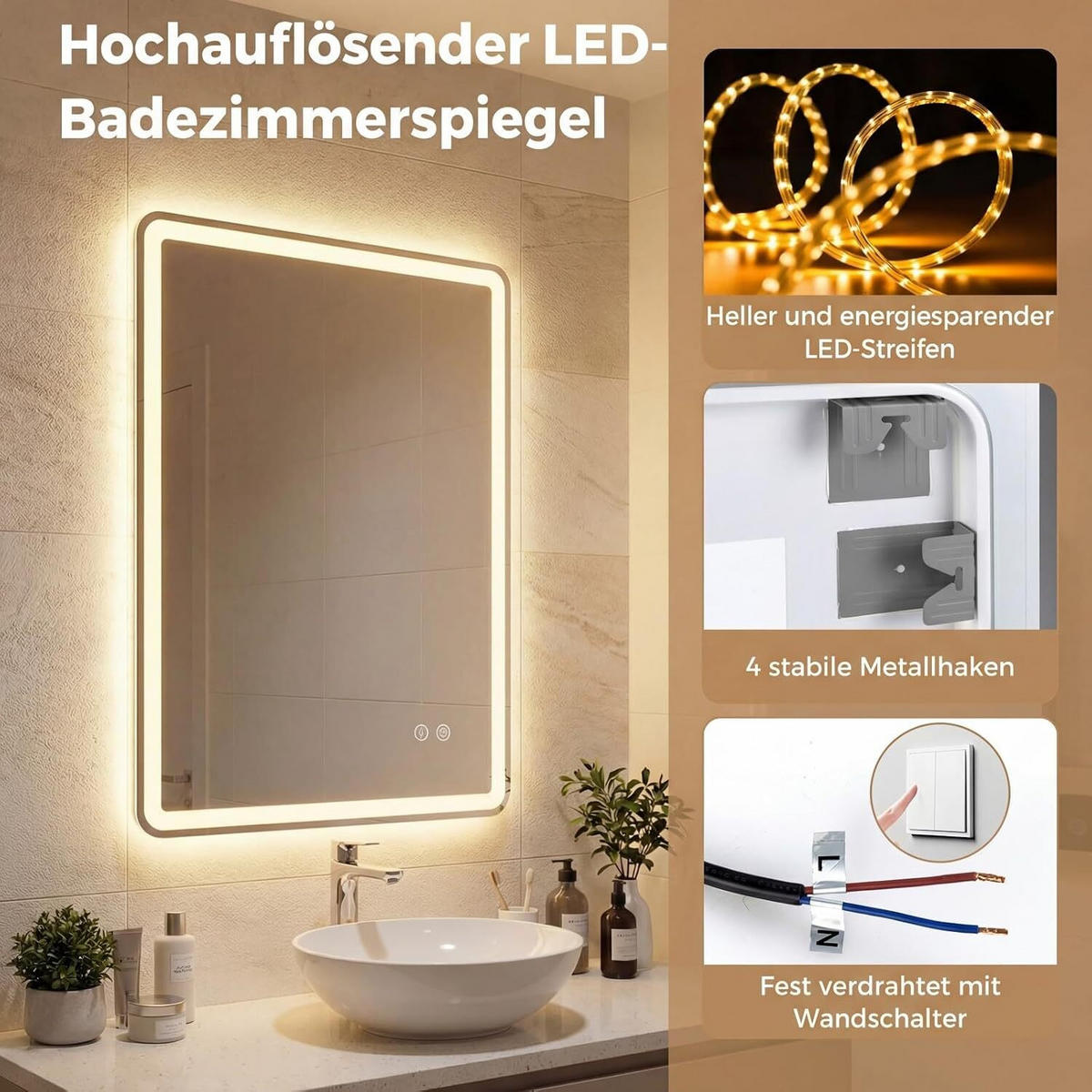BADSPIEGEL mit LED Beleuchtung silber - Silberfarben, Glas (50/70/3cm) - COSTWAY