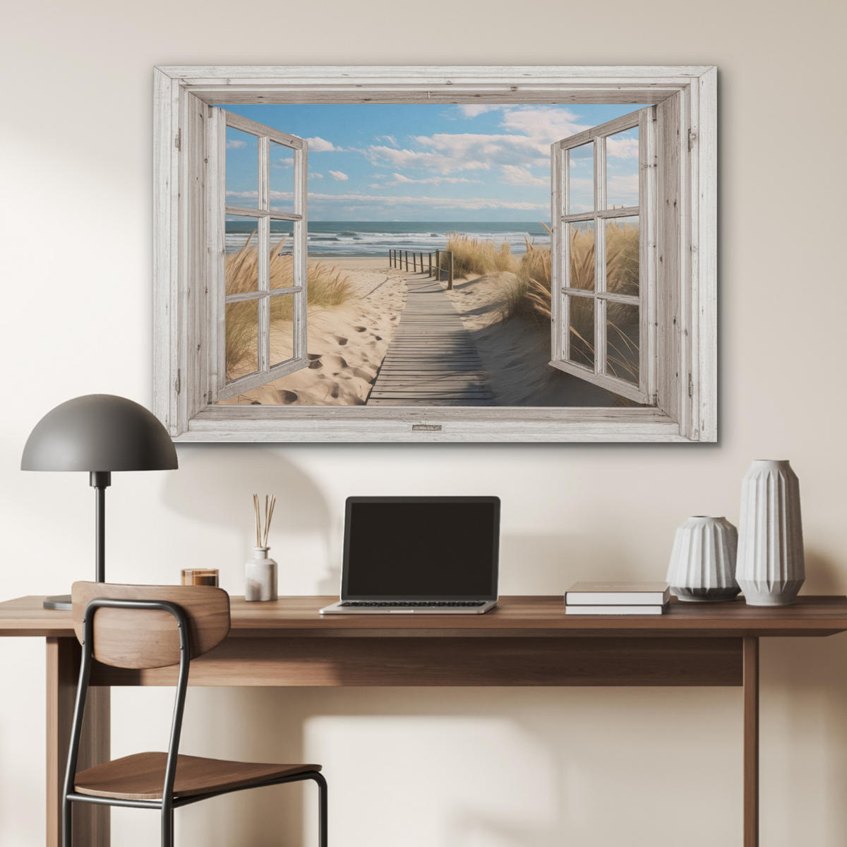 AKUSTIKBILD Fenster - Meer - Küste - Natur - Ausblick - Strand - Wattenmeer Akustikpaneele 90x60 cm - Beige, Kunststoff (90/60/0.9cm) - MuchoWow