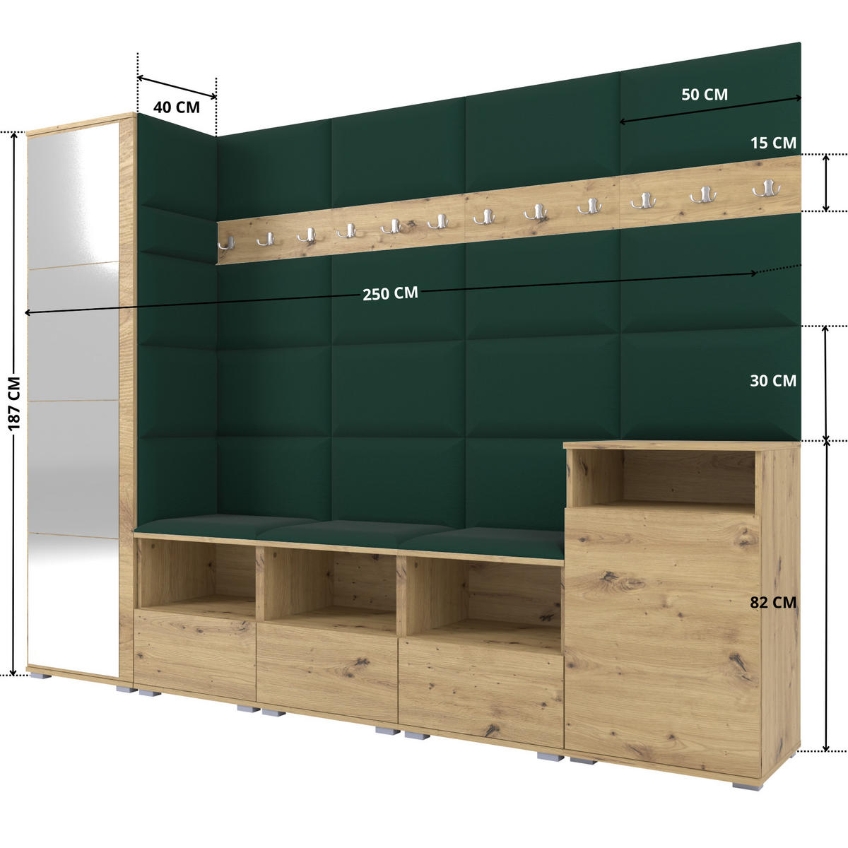 GARDEROBE NELA XI 250 cm (Modulare Flurmöbel Artisan Eiche mit Spiegel & Sitzpolster Flaschengrün 28 Großes Set) - Dunkelgrün/Silberfarben, Holz/Holzwerkstoff (250/187/40cm) - Ravio