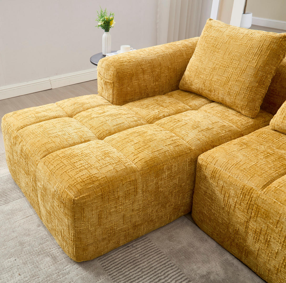 SOFA mit Chaiselongue 250 x 158 cm Chenille Gelb 3 Kissen - Gelb, Textil (250/158cm) - IVMEU