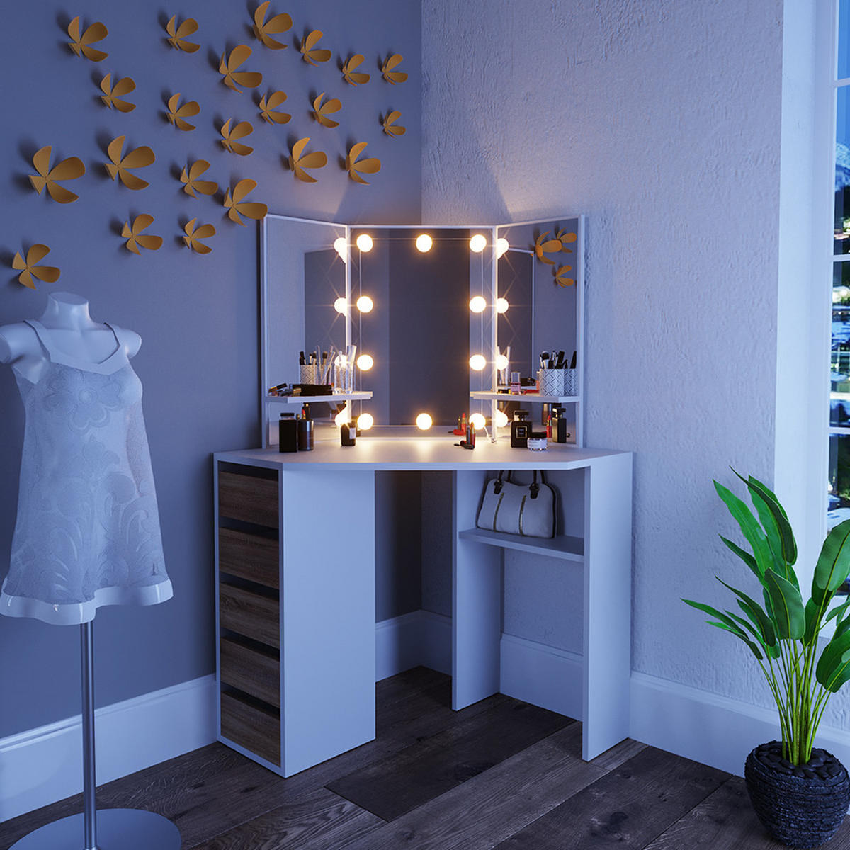 ECKSCHMINKTISCH Arielle Weiß/Sonoma 110 cm mit LED Beleuchtung - Weiß/Sonoma Eiche, Holzwerkstoff (110/141.5/54cm) - Vicco