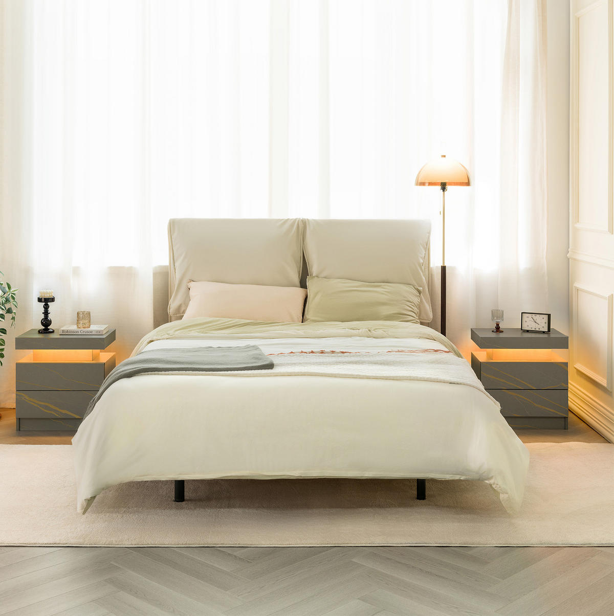 NACHTTISCH 50/53/36 cm Grau und Gold aus Holzwerkstoff mit LED-Beleuchtung und 2 Schubladen - Grau, Holzwerkstoff (53/36/50cm) - OKWISH