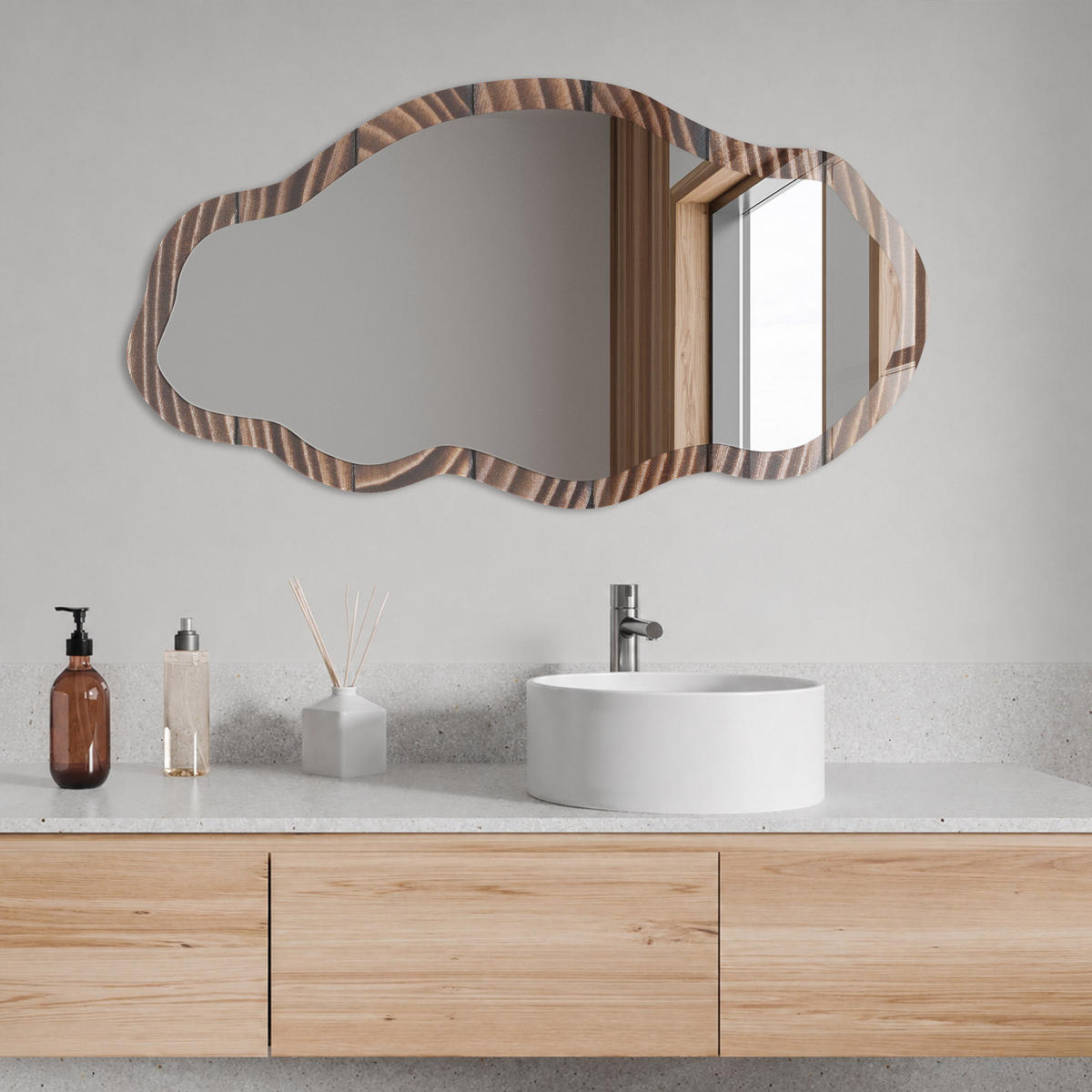 SPIEGEL 90x45 cm asymmetrisch mit Druck - Holzwellen - Transparent, Glas (45/90/0.4cm) - TULUP