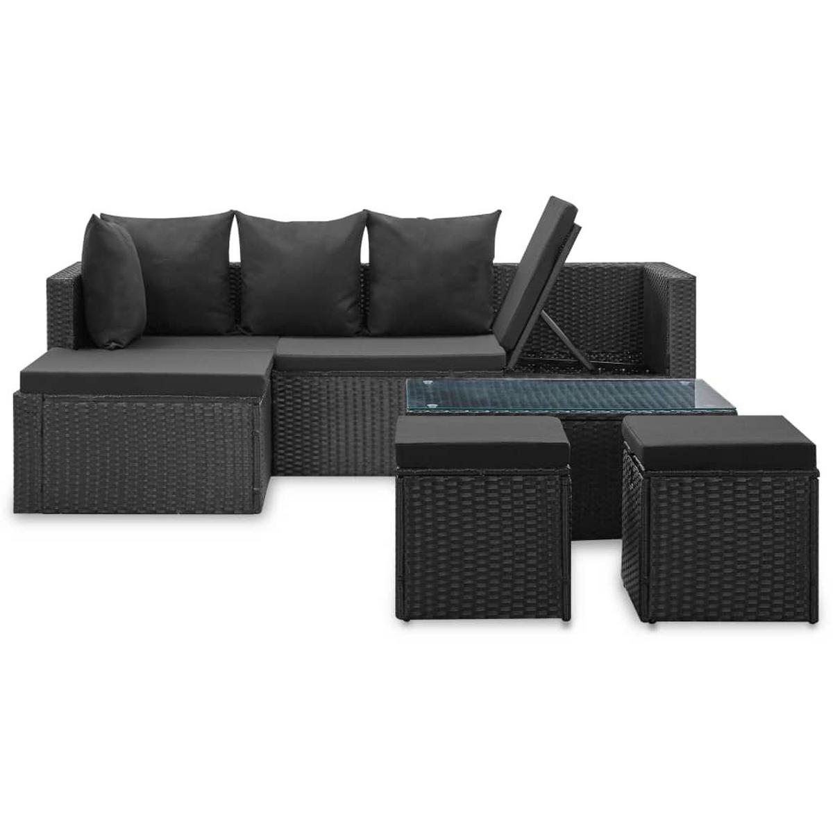 LOUNGEGARNITUR mit Auflagen und 80 cm Couchtisch, aus Poly Rattan und Glas, Schwarz, 4-teiliges Set - Schwarz, Kunststoff - vidaXL