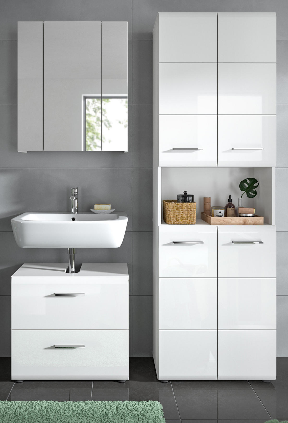 BADMÖBEL Set 3-teilig in weiß Hochglanz Badkombination 135 x 185 cm Cover - Weiß Hochglanz/Silberfarben, Glas/Holzwerkstoff (135/185/30cm) - Inn.Furn