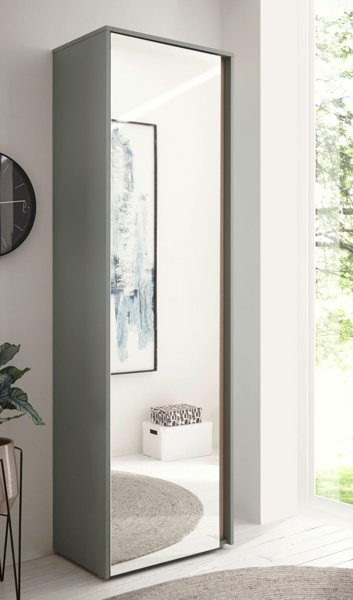 GARDEROBENSCHRANK in Salbei Grün mit Eiche, Flurschrank mit Spiegel, 60 x 200 cm - Salbeigrün/Eichefarben, Glas/Holz (60/200/40cm) - Furn.Design