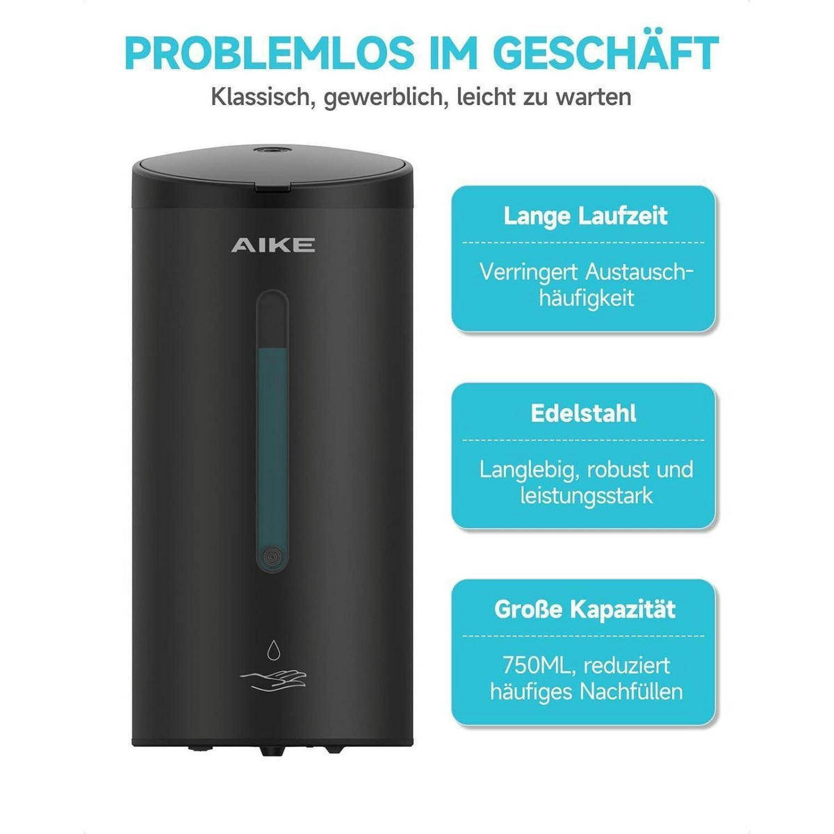 SEIFENSPENDER Automatik Wandmontage 750ml Matt Schwarz Edelstahl - Schwarz, Metall (10.9/23.9/13cm)