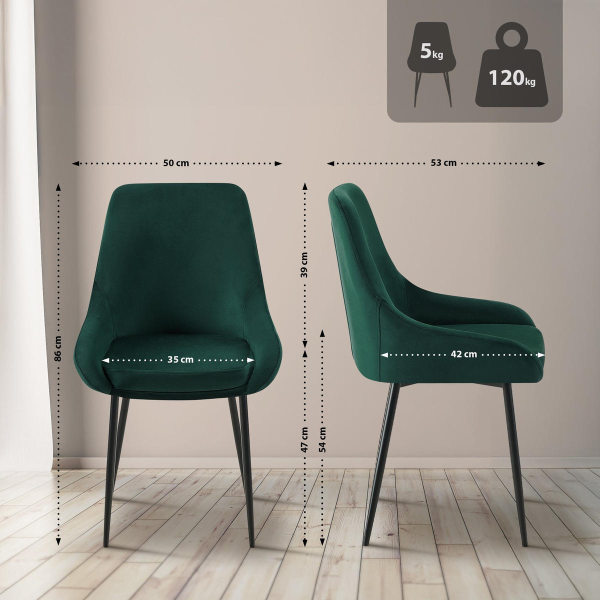 STUHL Samt Grün - Schwarz/Grün, Textil (50/86/53cm) - CLP