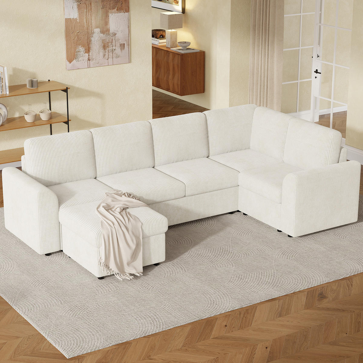 SOFA Beige L-Form Cord Ecksofa Hocker Schaumstoff 282cm - Beige, Textil (40/82/160cm) - FLIEKS