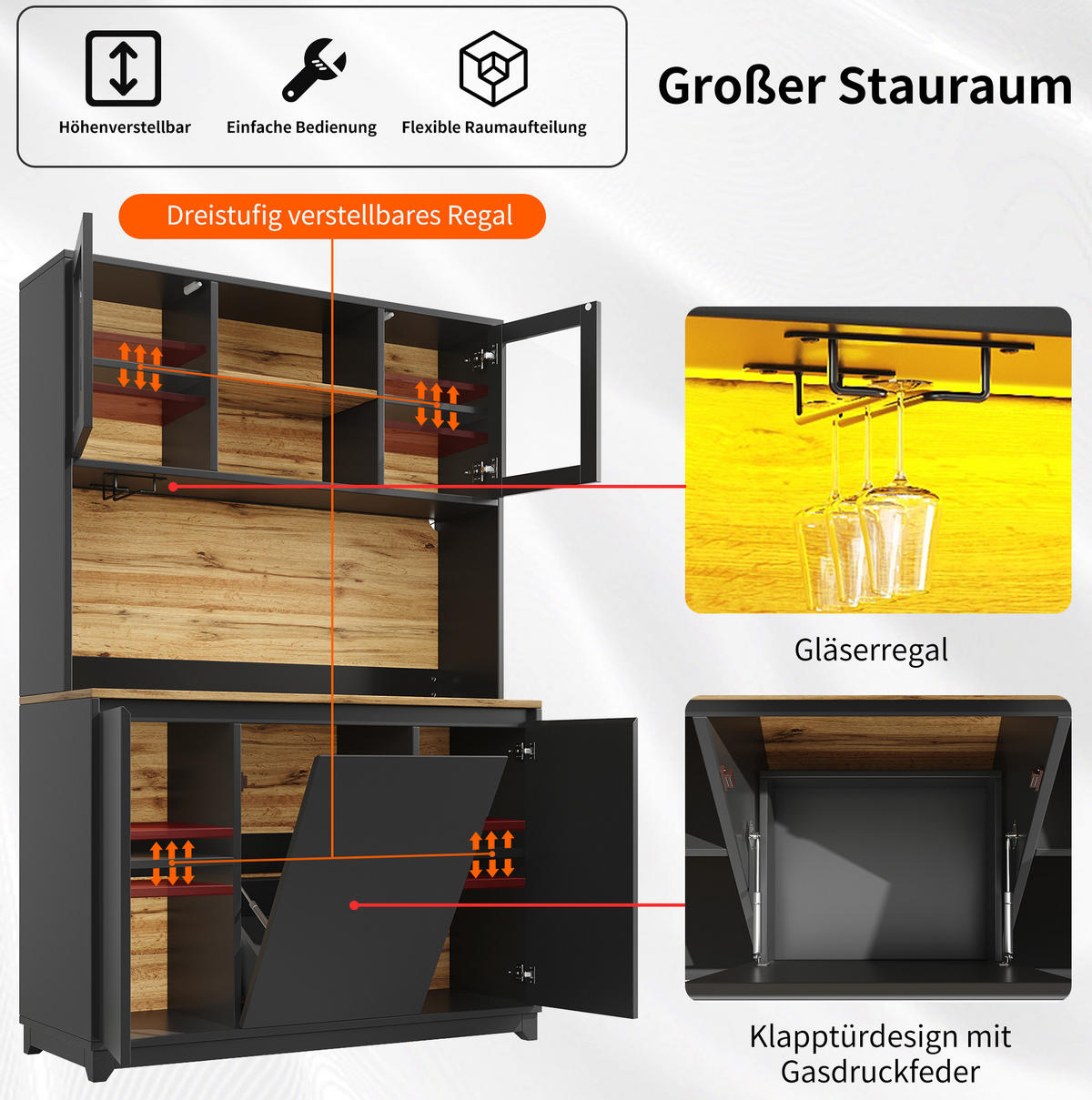 BUFFET aus MDF und Metall 120x40x180 cm Schwarz mit LED-Beleuchtung, Acryltüren und Abfallfach - Schwarz, Holzwerkstoff (120/180/40cm) - Modfu