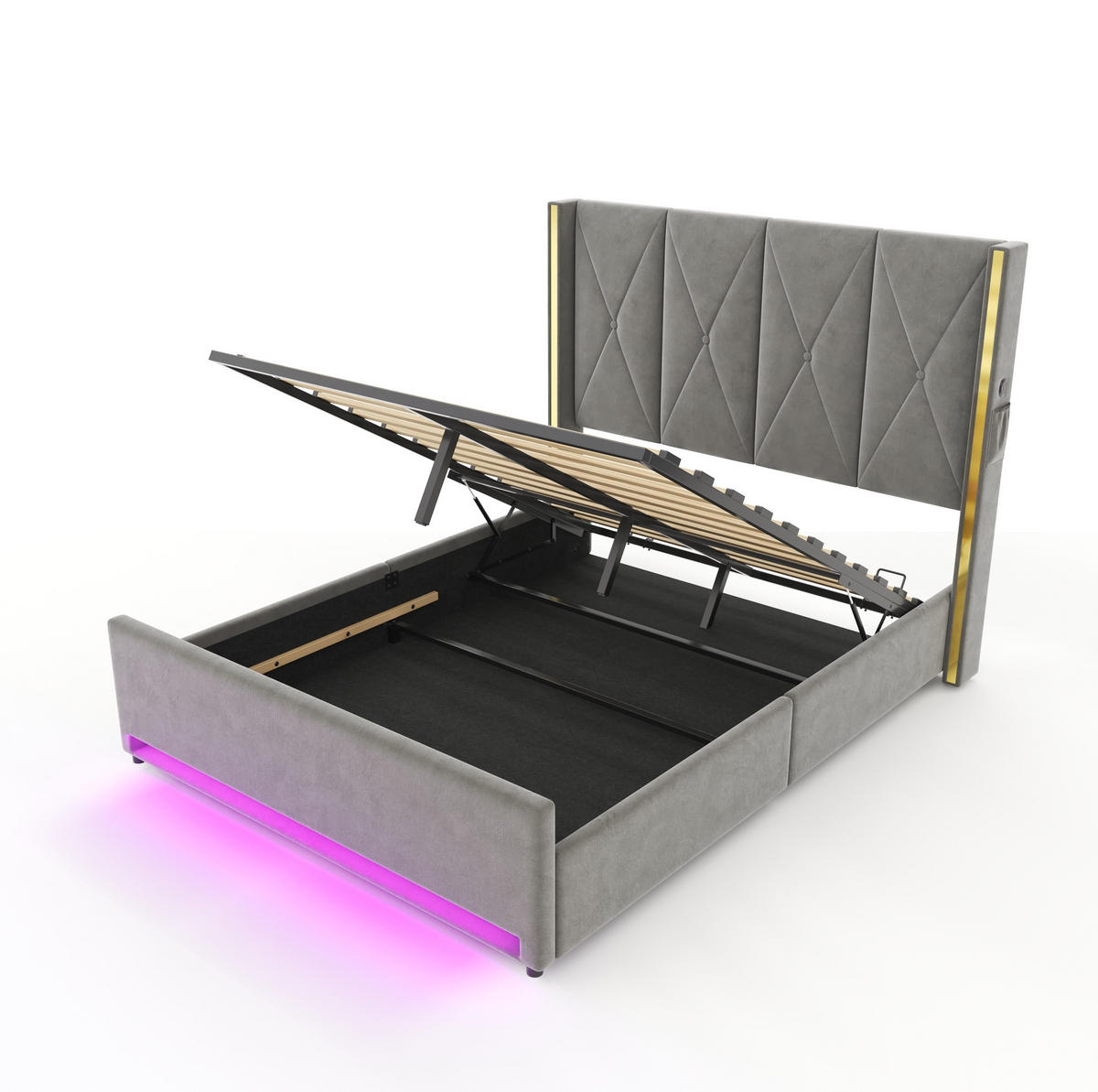 POLSTERBETT 160/200 cm mit LED-Beleuchtung, USB- und Type-C-Anschluss, Bettkasten und Seitentaschen, Dunkelgrau - Dunkelgrau, Textil (160/200cm) - Redom