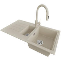 GRANITSPÜLE Kopenhagen Duo, 2-er set Beige 90/50 cm 1,5 Becken + Küchenarmatur 40/20 cm + Ablauf-Set ab 60er Unterschrank - Chromfarben/Beige, Kunststoff (90/19/50cm) - Primagran