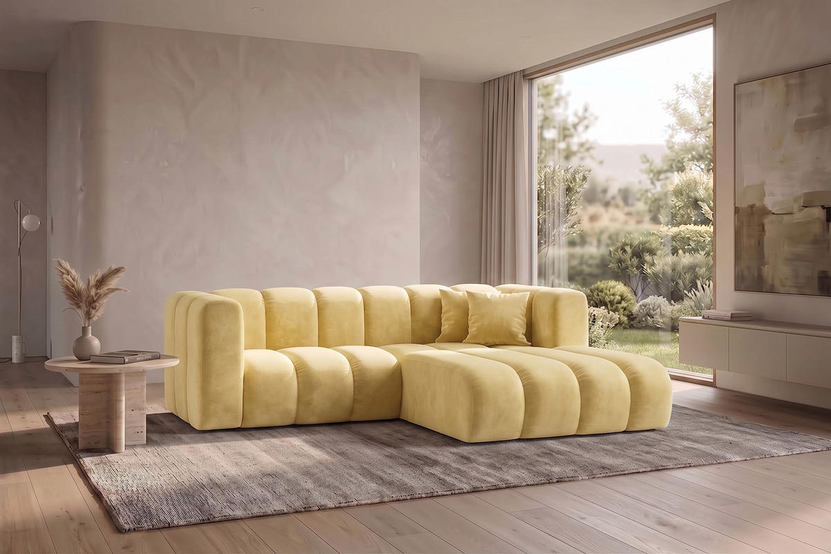 ECKSOFA Modulares In L-Form, Velvet-Stoff Riviera, Buttergelb, Rechts, GRAND - Hellgelb, Holz (227/179cm) - Kaiser Möbel