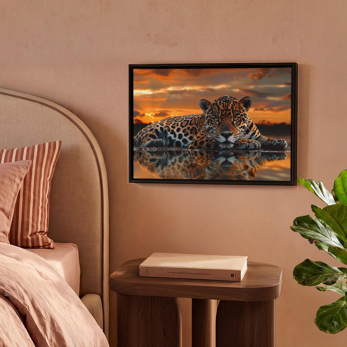 LEINWAND Bilder mit Rahmen - Natur - Leopard - Tier - Sonnenuntergang - Modern - 40x30 - Orange, Textil (40/30cm) - MuchoWow