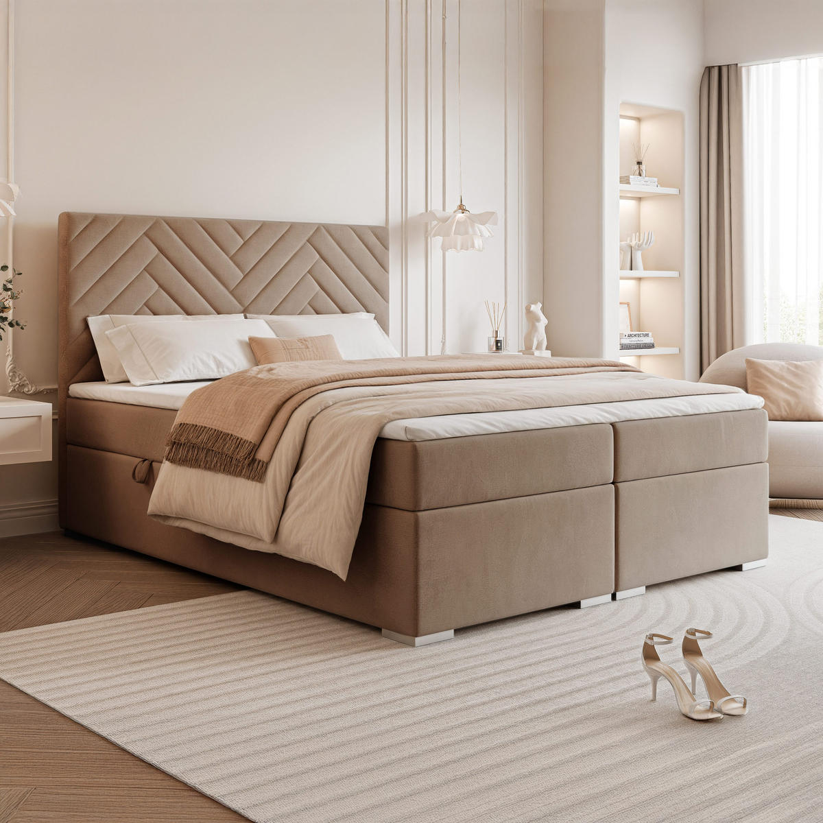 BOXBETT NEREA 160/200 cm mit Matratze und Topper, Hellbraun - Hellbraun, Textil (160/200cm) - Idohome