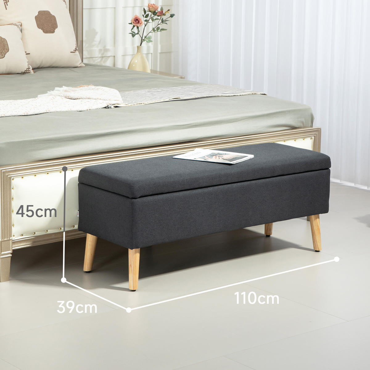 SITZBANK Polsterbank mit Stauraum scandinavia Truhenbank Polyester Holz - Dunkelgrau, Kunststoff (39/45/110cm) - HOMCOM