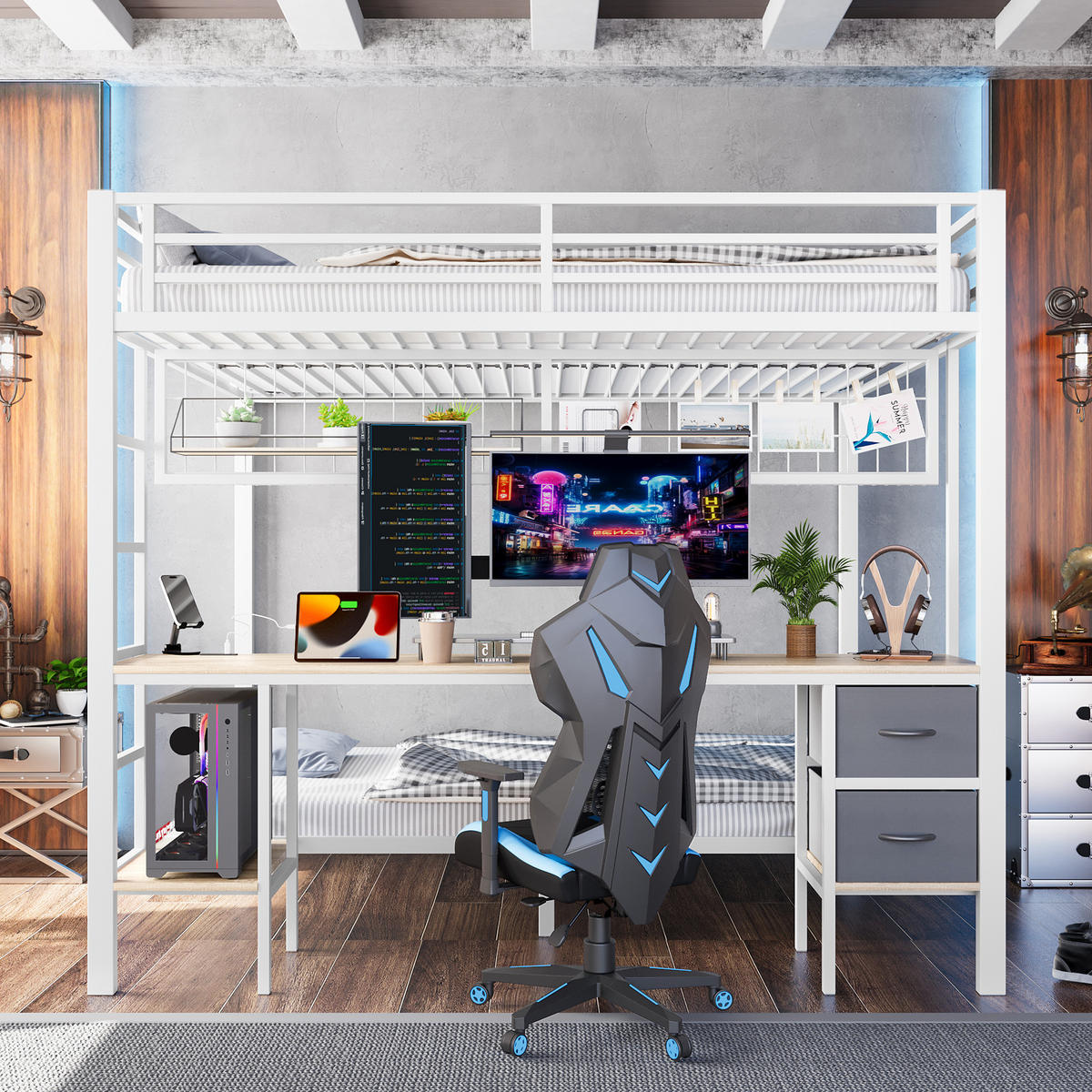 HOCHBETT 90x200cm + 140x200cm Weiß Metall Schubladen Schreibtisch LED - Weiß, Metall (140/200cm) - FLIEKS