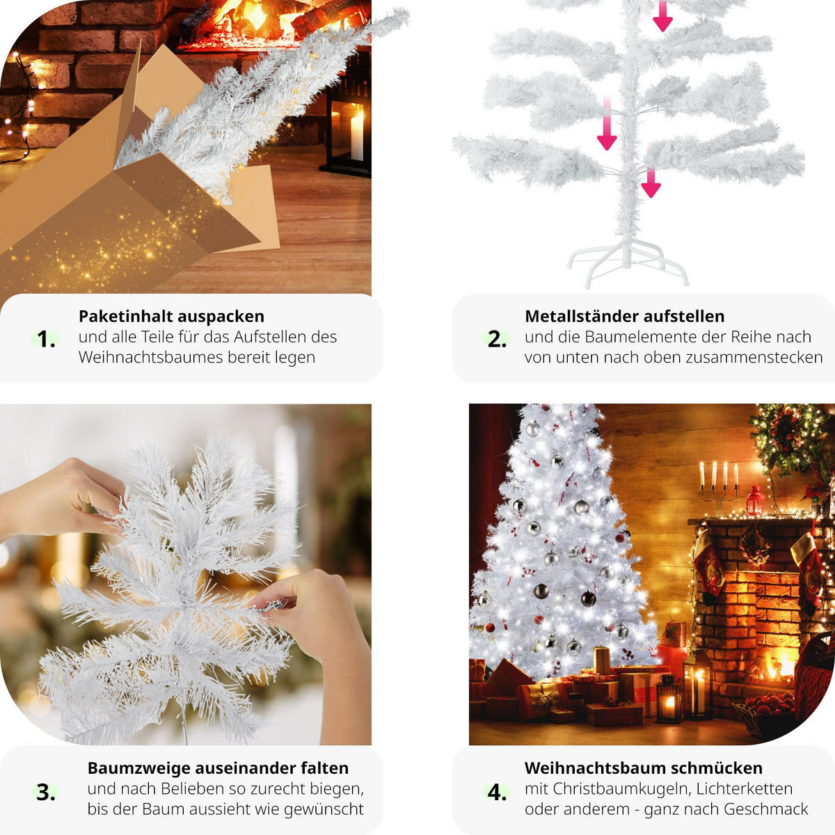 WEIHNACHTSBAUM ,inklusive Metallständer mit Kunststoffkappen,weiß - Weiß, Kunststoff (180cm) - tectake