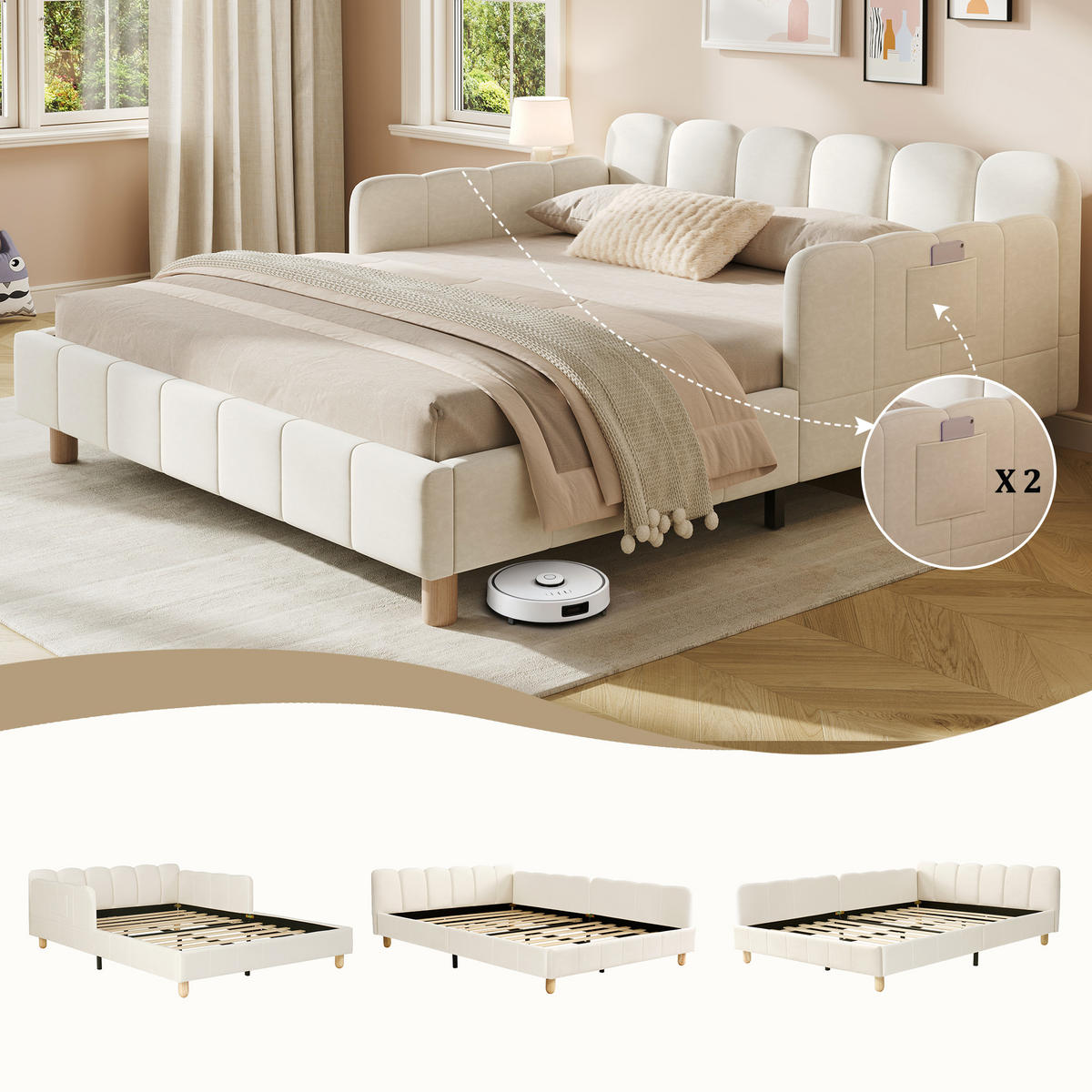 KINDERBETT 140/200 cm in Beige Samt mit Taschen - Beige, Holzwerkstoff/Textil (140/200cm) - WISHDOR