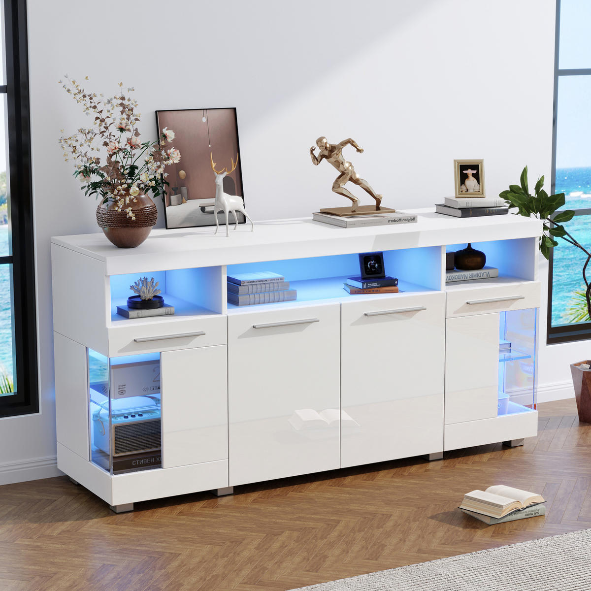SIDEBOARD 140/40/70 cm aus MDF und gehärtetem Glas mit LED-Beleuchtung Weiß - Weiß, Holzwerkstoff (140/70/40cm) - Modenvie