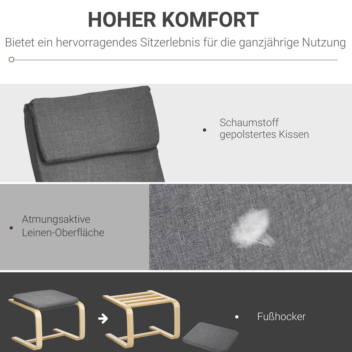 RELAXSESSELSET mit Hocker 66,5/80/99 cm in Grau mit Leinenoptik und Holzgestell - Grau, Textil (80/99/66.5cm) - Flora Grace