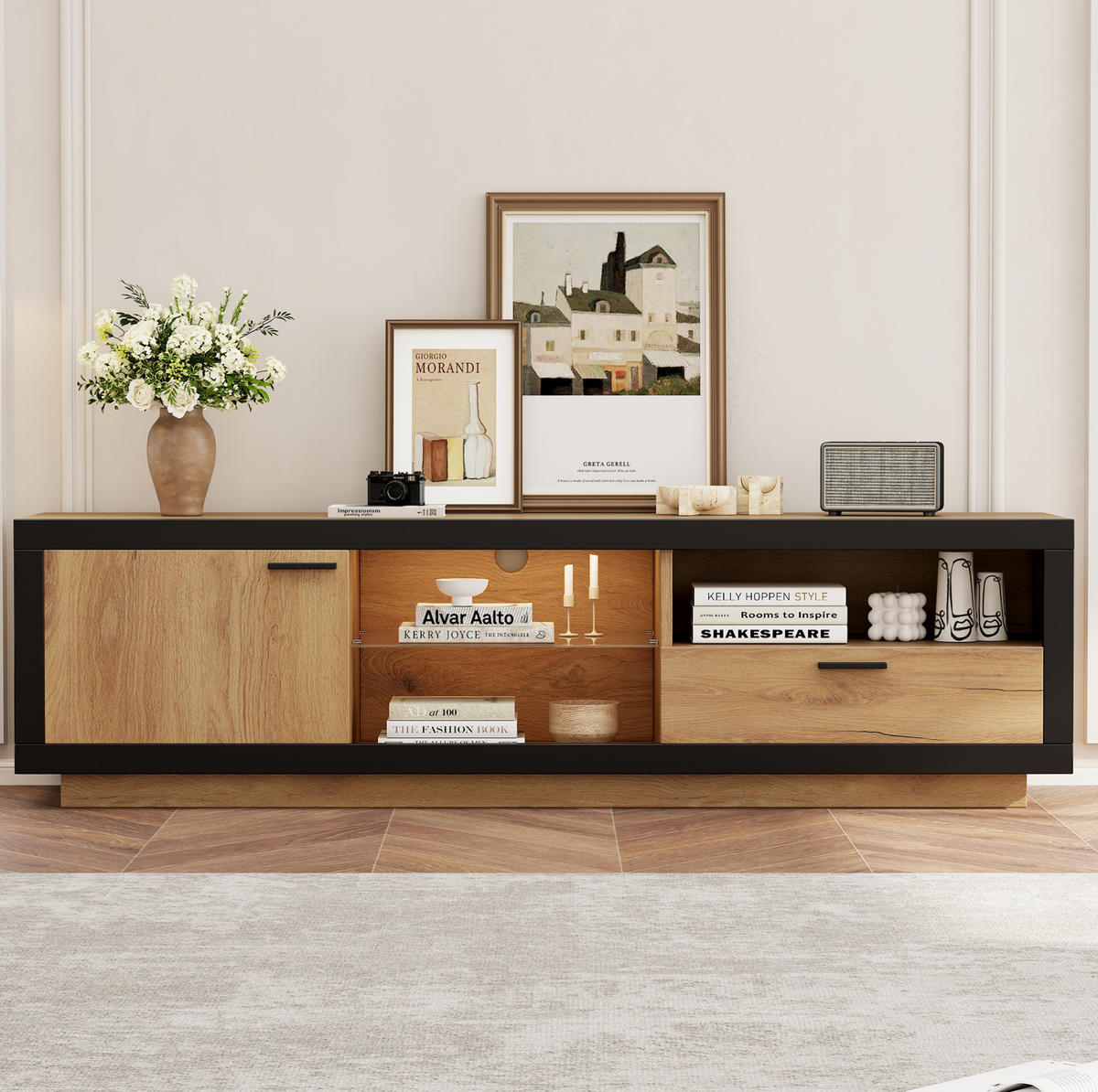 TV-LOWBOARD mit LED-Beleuchtung 160 cm Schwarz/Eiche - Schwarz, Holzwerkstoff (40/50/160cm) - Beauniv
