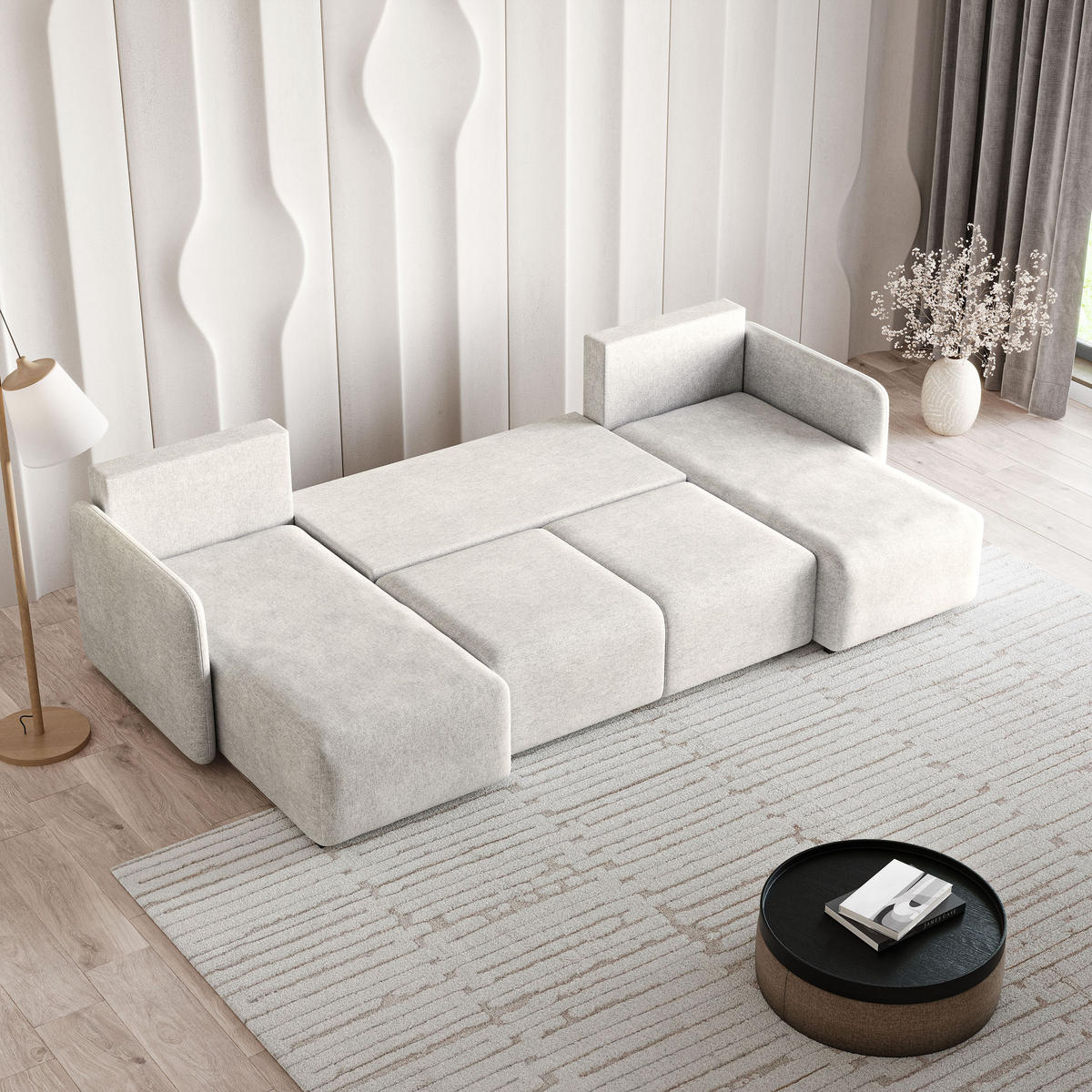 WOHNLANDSCHAFT NUBERO Creme Geflochtener Stoff mit Schlaffunktion - Creme, Holz (285/85/143cm) - MASSENO