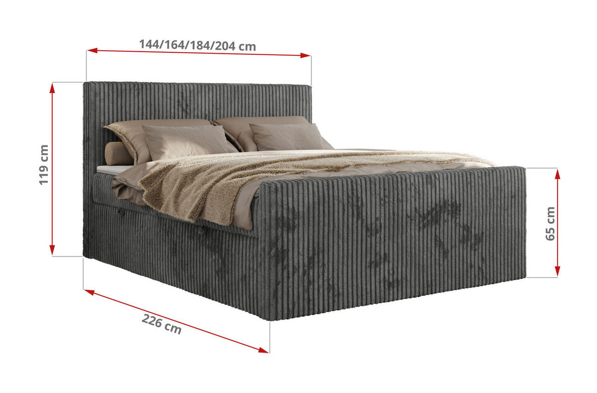 BOXBETT TILIANO DUO 160/200 - Grau Cord - H3 - Grau, Textil (160/200cm) - MKS