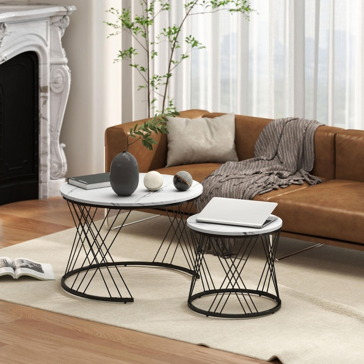 COUCHTISCH-SET 70/70/46,5 cm und 44,5/44,5/39 cm ineinanderstellbar in Marmoroptik mit Metallgestell, Weiß - Weiß, Holzwerkstoff (70/70/46.5cm) - Redom