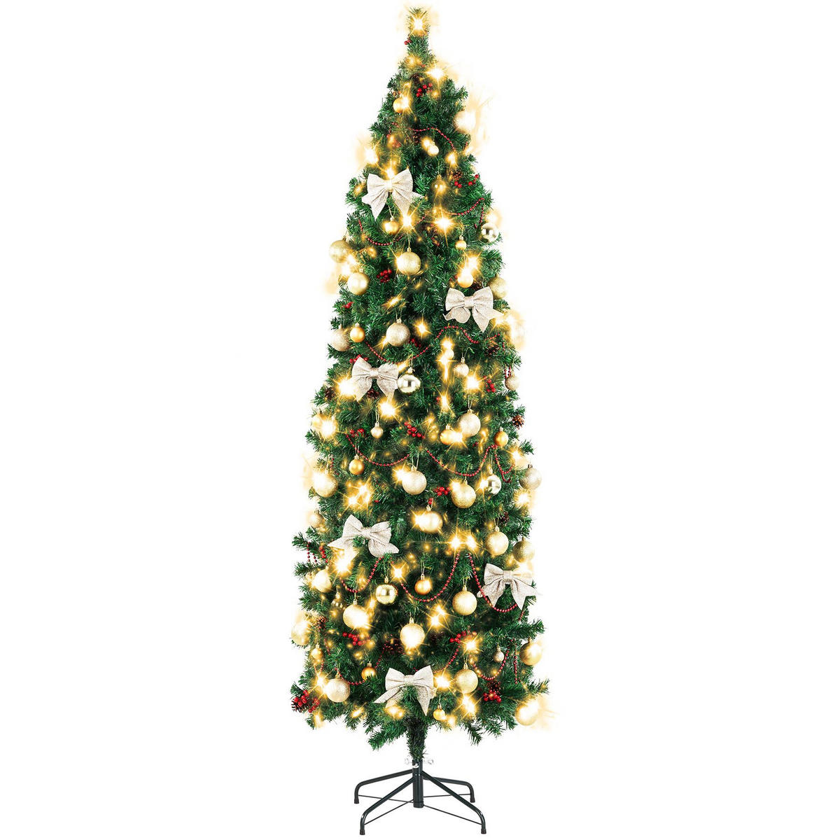 SET WEIHNACHTSBAUM MIT LICHTERKETTE ,pulverbeschichteter Metallständer mit Kunststoffkappen,grün - Grün, Kunststoff (210cm) - tectake