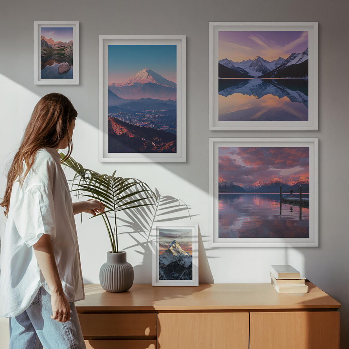 WANDBILDER 5er-Set - 50x50 cm & 20x30 cm & 40x60 cm Weißer Rahmen - Nachtstadt mit Neonlichtern - Weiß, Kunststoff (40/60cm) - ArtPrintCave