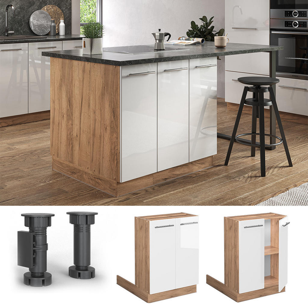 Thumbnail - Vicco Kücheninsel, Weiß Hochglanz, Honigeiche, Holzwerkstoff, Rechteckig, 60x82x30 cm, Küchen, Küchenmöbel, Kücheninseln